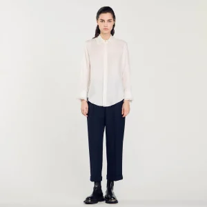 Tops & Camisas<Sandro Paris Camisa De Seda, Cuello Bordado Y Plisado
