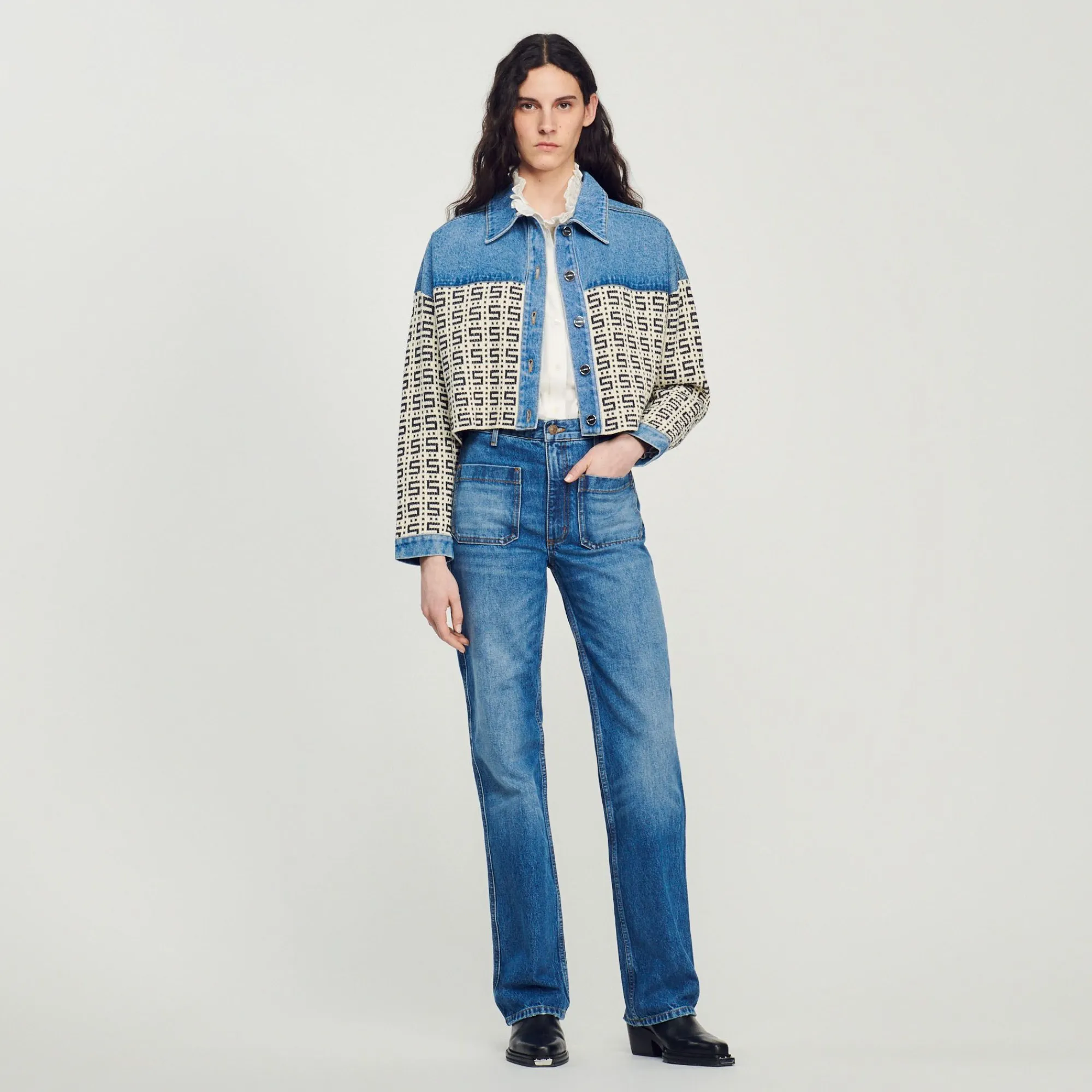 cardigan_corto_de_denim_0.webp Jerseys & Cárdigans<Sandro Paris Cardigan Corto De Denim