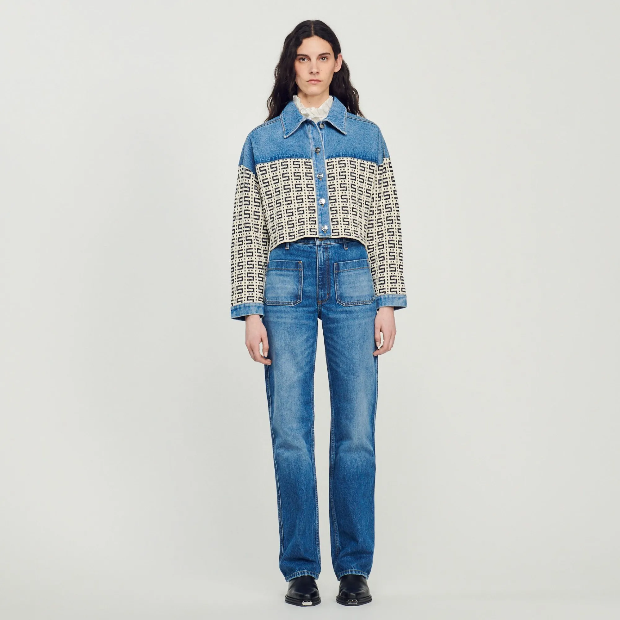 cardigan_corto_de_denim_1.webp Jerseys & Cárdigans<Sandro Paris Cardigan Corto De Denim