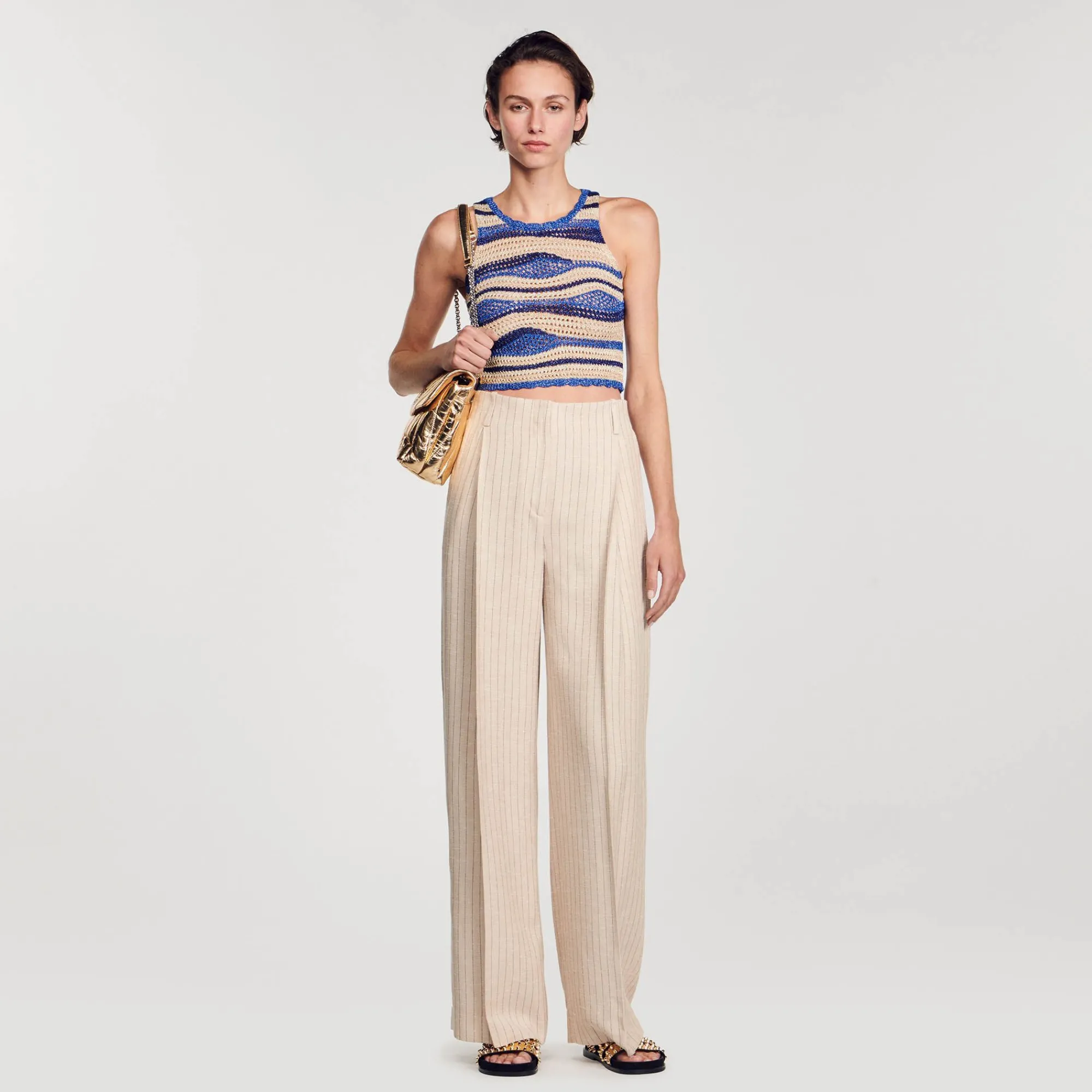 pantalon_fluido_y_ancho_a_rayas_0.webp Trajes<Sandro Paris Pantalon Fluido Y Ancho A Rayas
