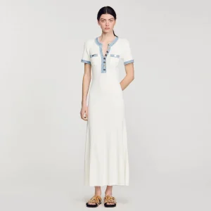 Vestidos<Sandro Paris Vestido Midi De Punto Y Denim