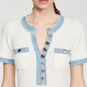 Vestidos<Sandro Paris Vestido Midi De Punto Y Denim