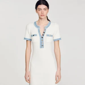 Vestidos<Sandro Paris Vestido Midi De Punto Y Denim